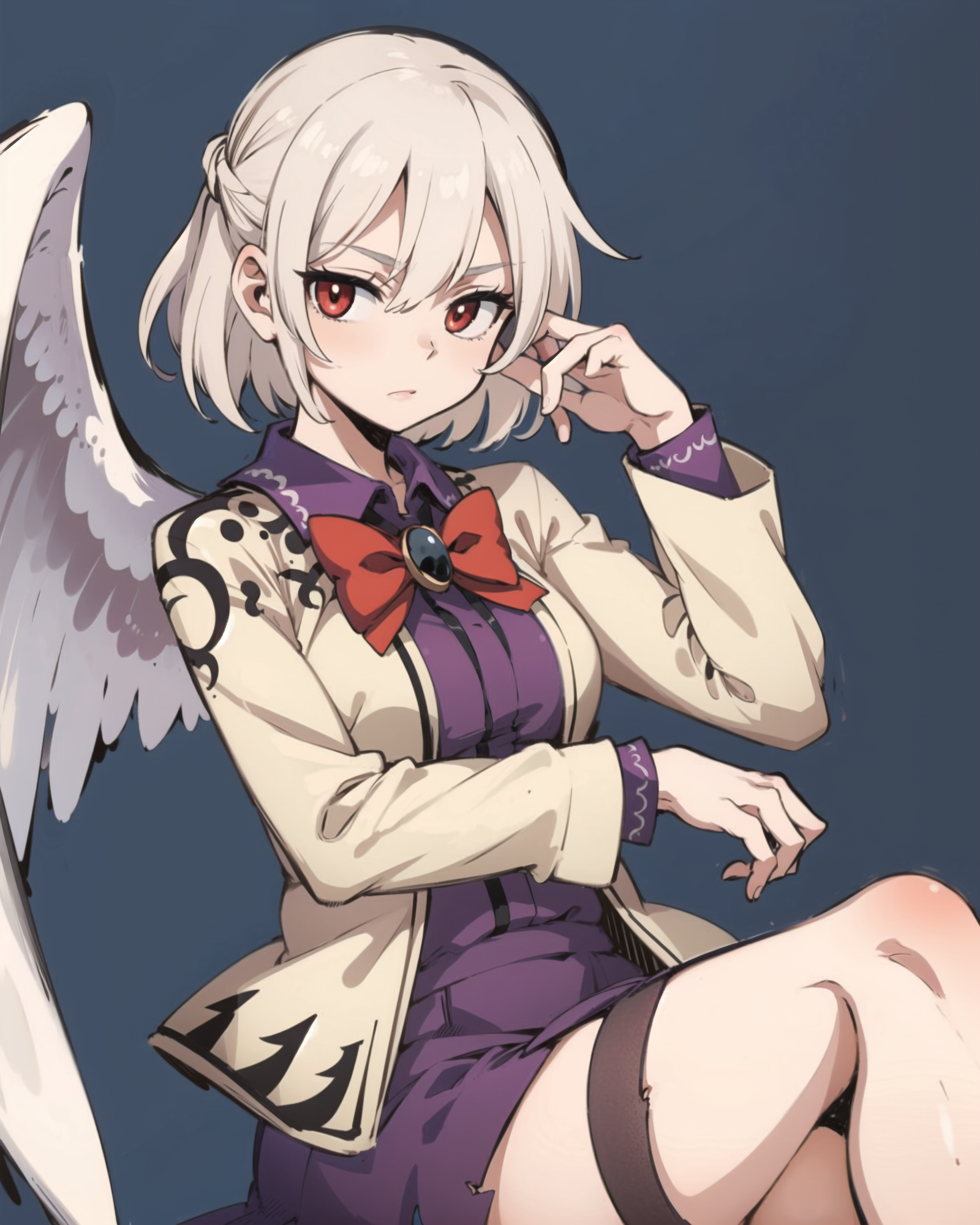 00760-2338981550-masterpiece, best quality, _lora_KishinSagume_1_,kishin sagume, 1girl,white hair,short hair, red eyes,bow, single wing,white jac.png
